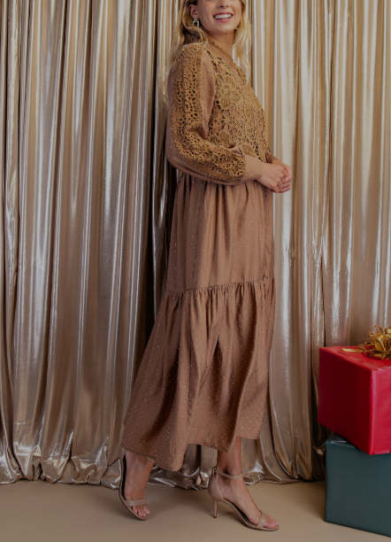 Rhinestone Embellished Tiered Button Down Midi Dress - Mocha – Grace By ...